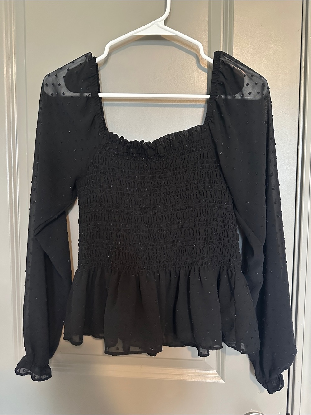 Moa Moa Black Smocked Peplum Long-Sleeve Blouse